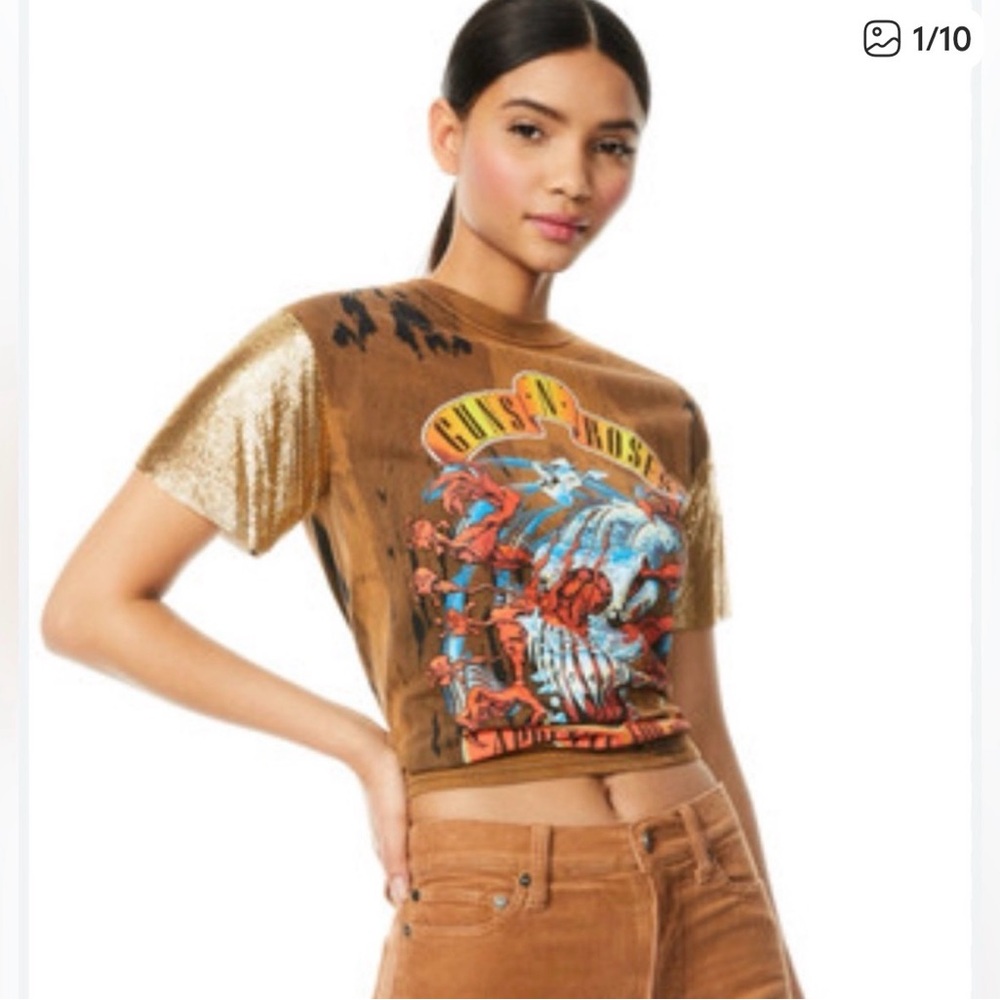 Alice + Olivia Brown Graphic Tee with Gold Sleeves
